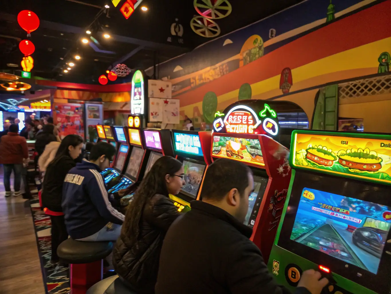 A lively arcade scene with various game machines, flashing lights, and people of all ages enjoying the interactive entertainment, highlighting the exciting and competitive atmosphere of the arcade area.