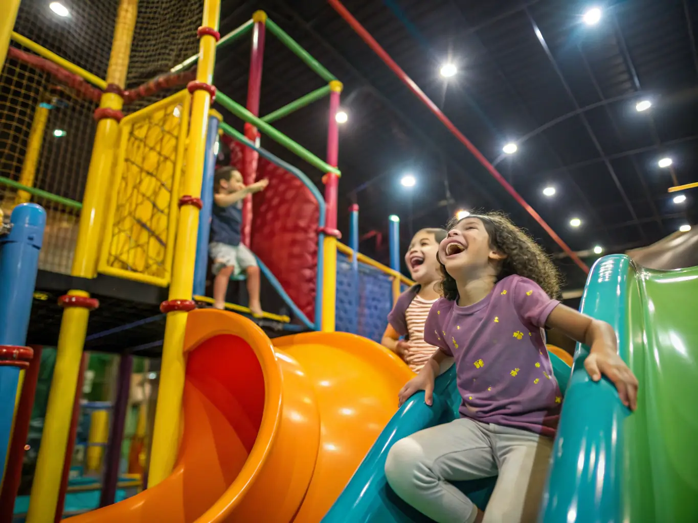 A vibrant and colorful image of children joyfully playing in a multi-level indoor playground structure with slides, tunnels, and climbing areas, showcasing the fun and active environment of the play area.